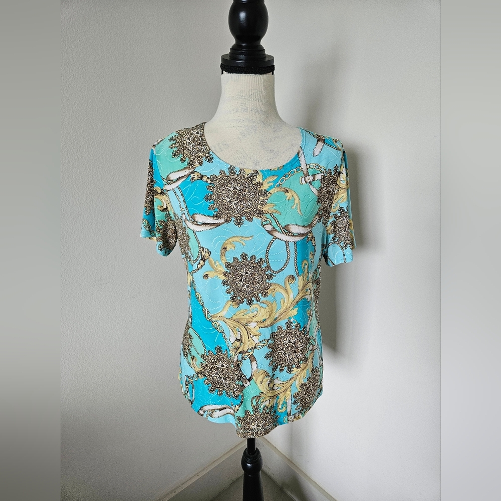🌼Jm Collection elegant Blue and Gold stretchTop short sleeves size L (petite)